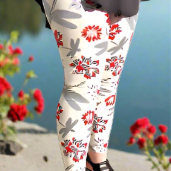 OS/Plus New Womens Dragonfly Red Floral Leggings, Yoga Waist Pants - Picture 5 of 9